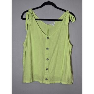 Neon Yellow Linen Boxy Relaxed Button Down Tank Top Blouse Shirt Size XL Bow